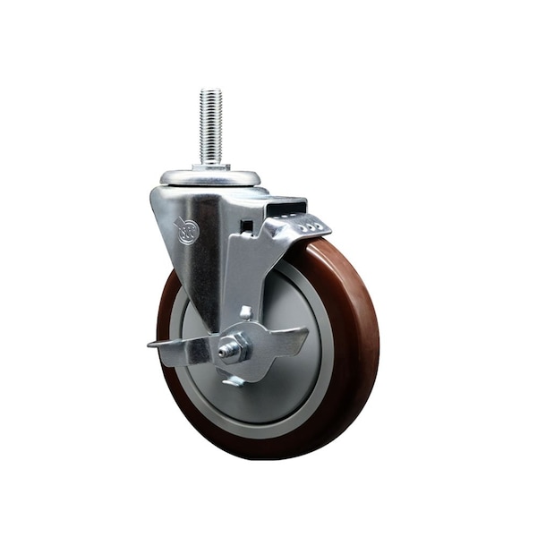 Service Caster 5 Inch Maroon Polyurethane Wheel Swivel 34 Inch Threaded Stem Caster with Brake SCC SCC-TS20S514-PPUB-MRN-TLB-34212 - main